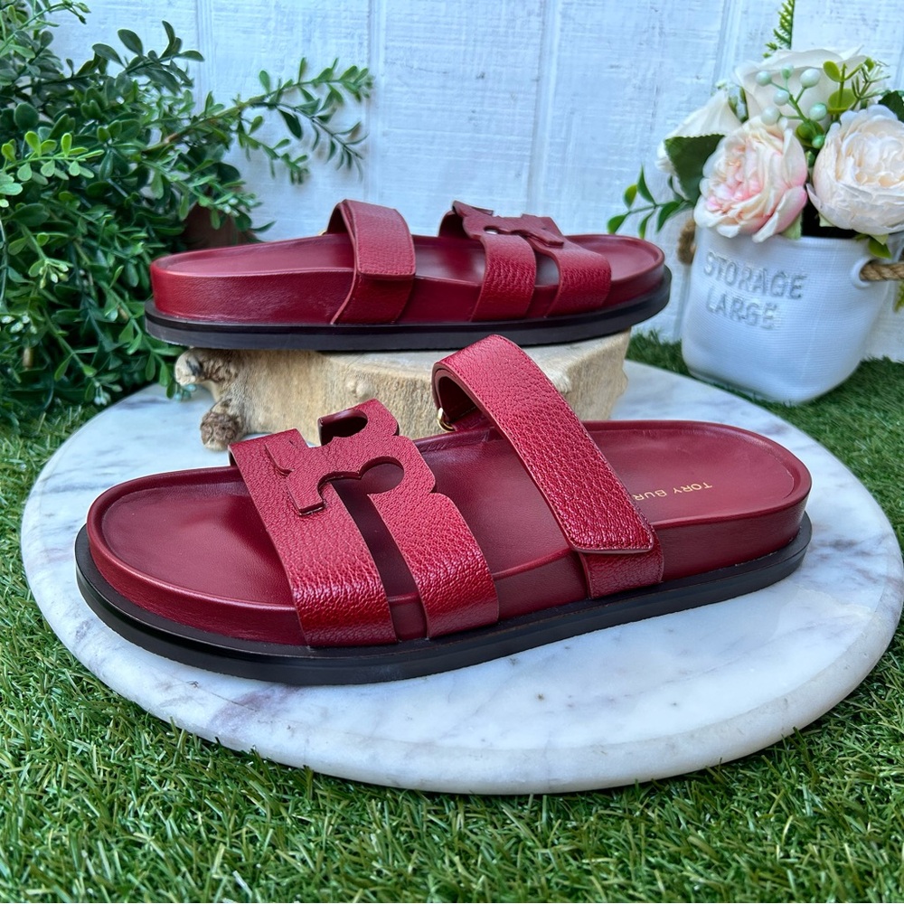 Tory Burch InesRed Leather Double-Strap Logo Slide Sandals - Picture 7 of 16